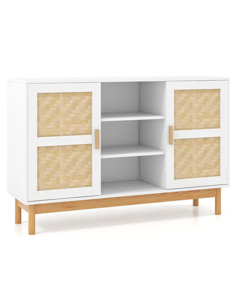48 Inch Sideboard Buffet Cabinet Floor Storage Cabinet with 2 Bamboo Woven Doors-White - White - Sideboards Cabinets &