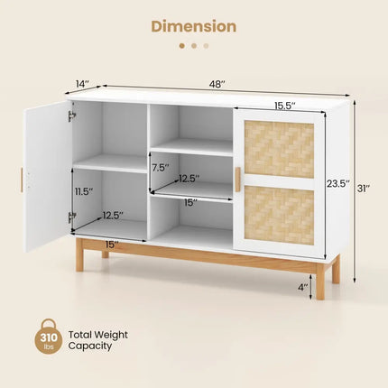 48 Inch Sideboard Buffet Cabinet Floor Storage Cabinet with 2 Bamboo Woven Doors-White Costway
