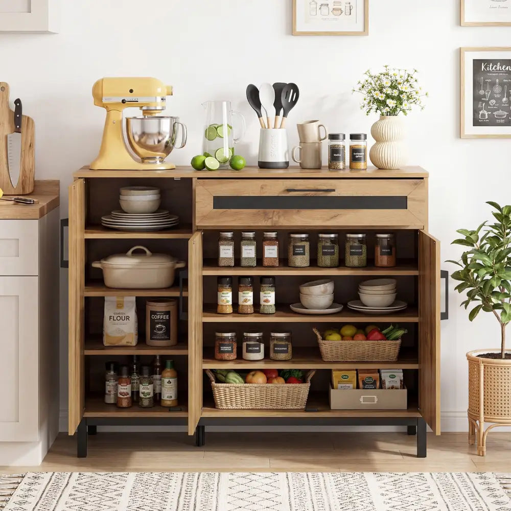 48 Inch Sideboard Buffet Cabinet with Drawer and Metal Legs-Natural - Natural - Sideboards Cabinets & Buffets