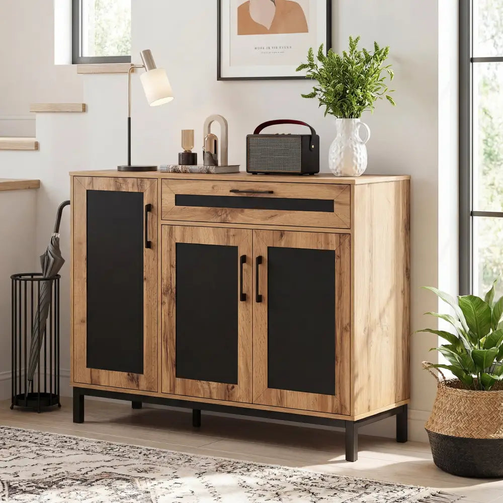 48 Inch Sideboard Buffet Cabinet with Drawer and Metal Legs-Natural - Natural - Sideboards Cabinets & Buffets