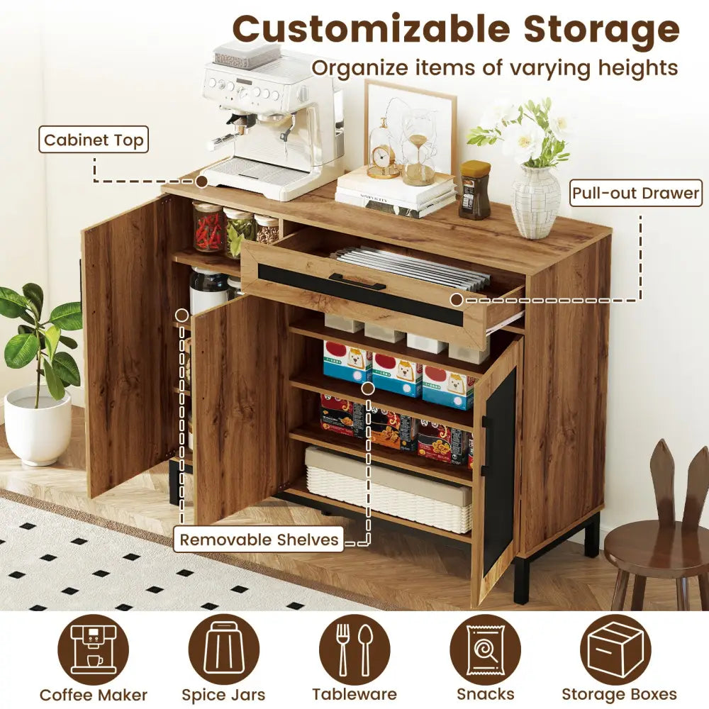 48 Inch Sideboard Buffet Cabinet with Drawer and Metal Legs-Natural - Natural - Sideboards Cabinets & Buffets