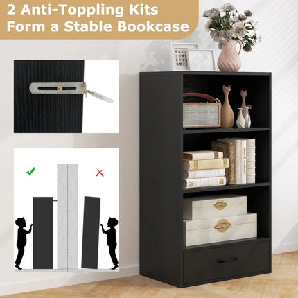 48 Inch Tall 4 Tiers Wood Bookcase with Drawer-Black Costway