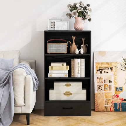 48 Inch Tall 4 Tiers Wood Bookcase with Drawer-Black Costway
