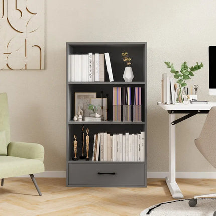 48 Inch Tall 4 Tiers Wood Bookcase with Drawer-Gray Costway