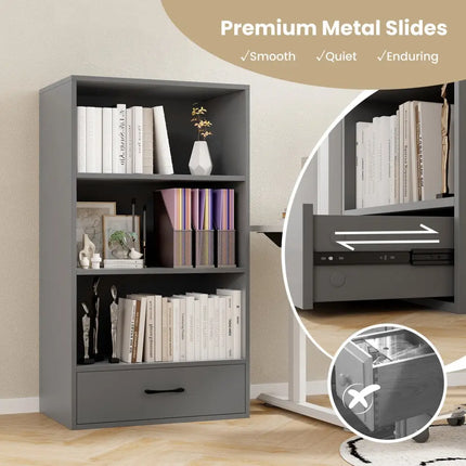 48 Inch Tall 4 Tiers Wood Bookcase with Drawer-Gray Costway