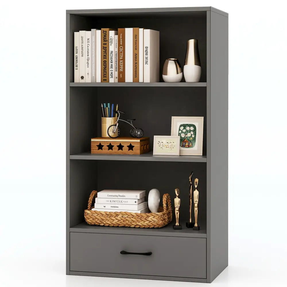 48 Inch Tall 4 Tiers Wood Bookcase with Drawer-Gray - Gray - Bookcases