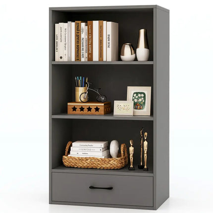 48 Inch Tall 4 Tiers Wood Bookcase with Drawer-Gray Costway