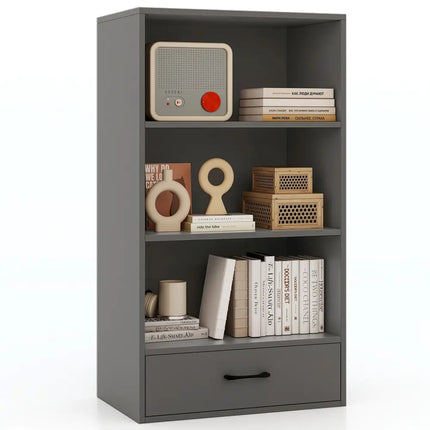 48 Inch Tall 4 Tiers Wood Bookcase with Drawer-Gray Costway