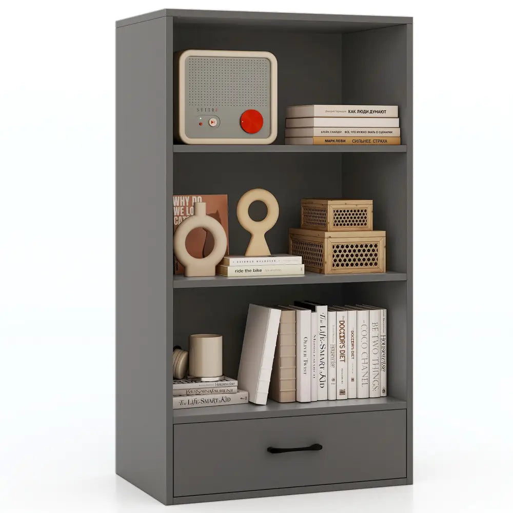 48 Inch Tall 4 Tiers Wood Bookcase with Drawer-Gray - Gray - Bookcases