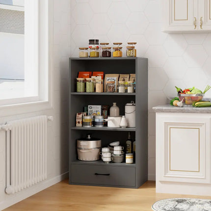 48 Inch Tall 4 Tiers Wood Bookcase with Drawer-Gray Costway