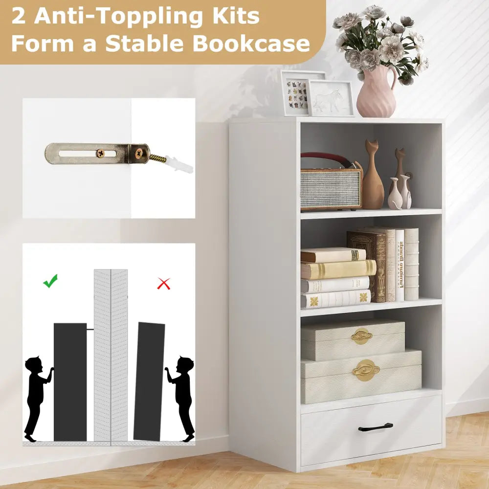 48 Inch Tall 4 Tiers Wood Bookcase with Drawer-White - White - Bookcases