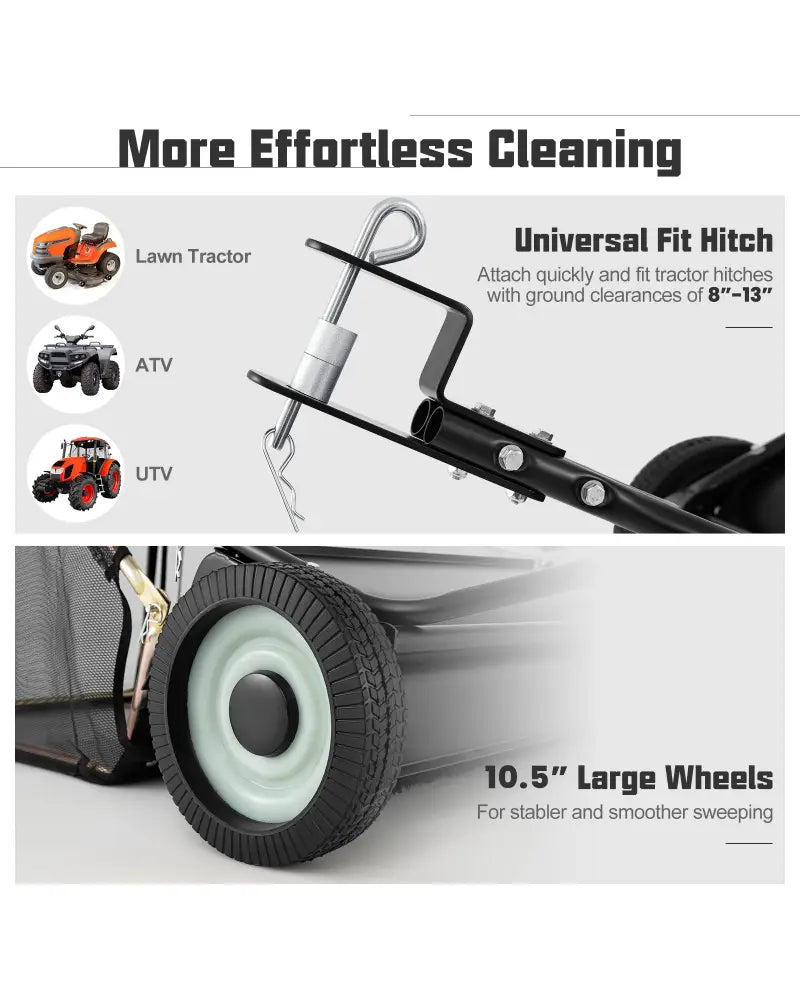 48 Inch Tow-Behind Lawn Sweeper with 26/27 Cu.FT Hopper Bag - Black - Lawn Care Tools