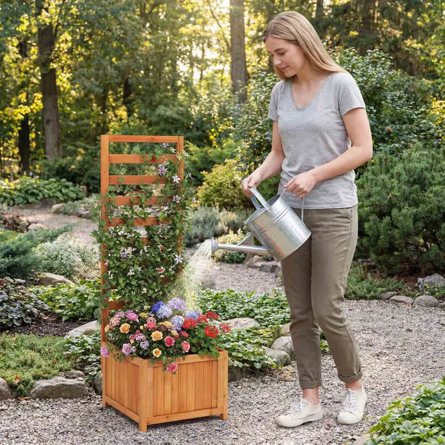 48 Inch Wood Raised Garden Bed with Trellis with Drainage Holes-Natural - Natural - Raised Garden Beds