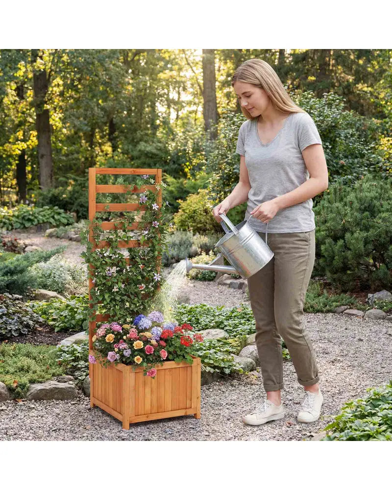 48 Inch Wood Raised Garden Bed with Trellis with Drainage Holes-Natural - Natural - Raised Garden Beds