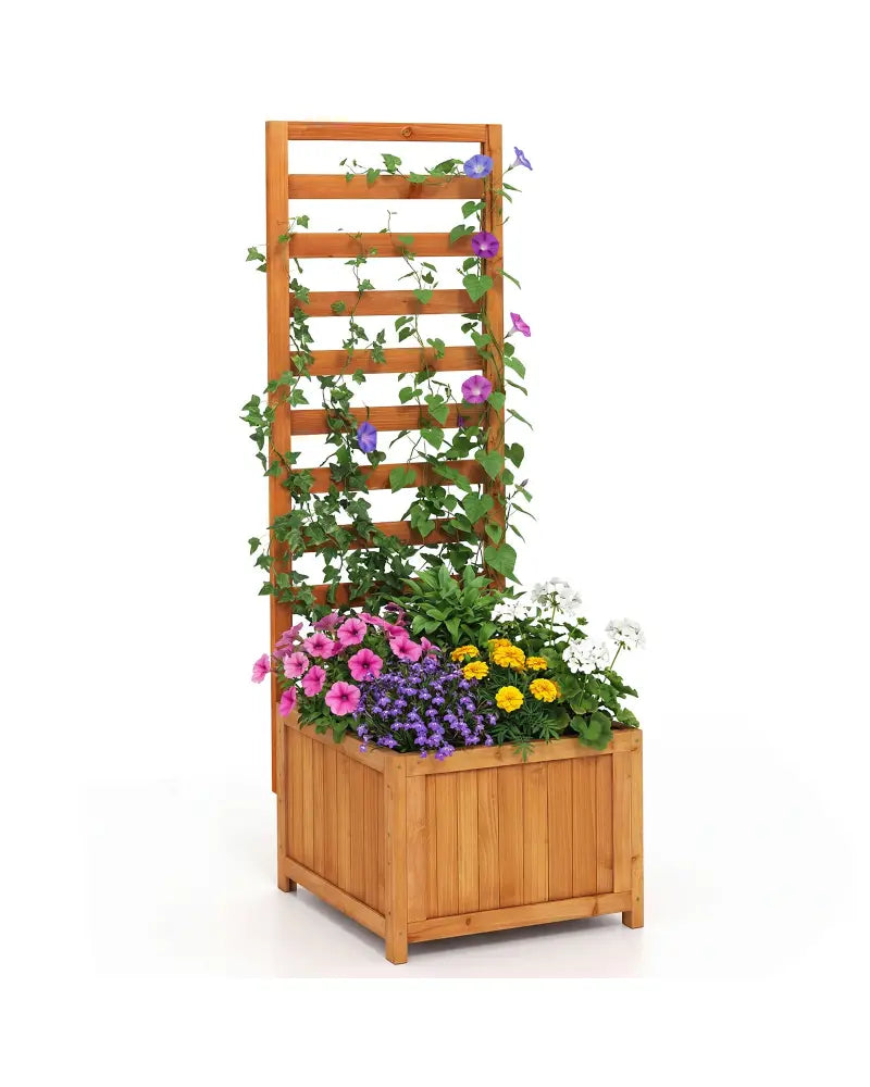 48 Inch Wood Raised Garden Bed with Trellis with Drainage Holes-Natural - Natural - Raised Garden Beds