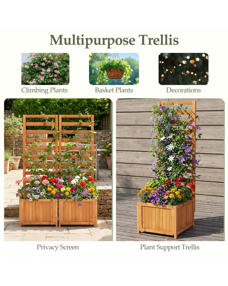 48 Inch Wood Raised Garden Bed with Trellis with Drainage Holes-Natural - Natural - Raised Garden Beds