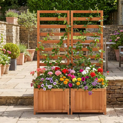 48 Inch Wood Raised Garden Bed with Trellis with Drainage Holes-Natural - Natural - Raised Garden Beds