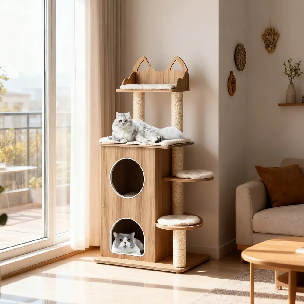 48 Inch Wooden Cat Tree with 2-Floor Condo and Washable Cushions-Natural - Natural - Cat Trees Condos & Scratchers