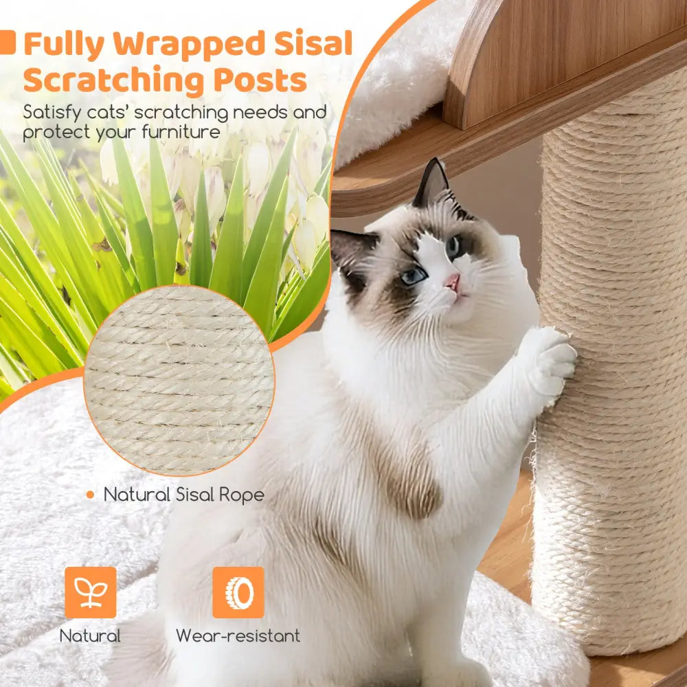 48 Inch Wooden Cat Tree with 2-Floor Condo and Washable Cushions-Natural - Natural - Cat Trees Condos & Scratchers