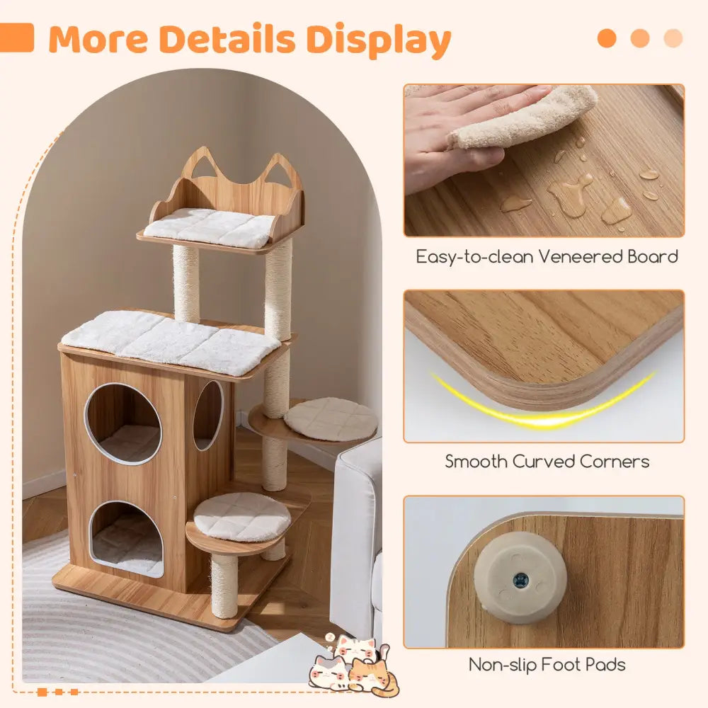 48 Inch Wooden Cat Tree with 2-Floor Condo and Washable Cushions-Natural - Natural - Cat Trees Condos & Scratchers