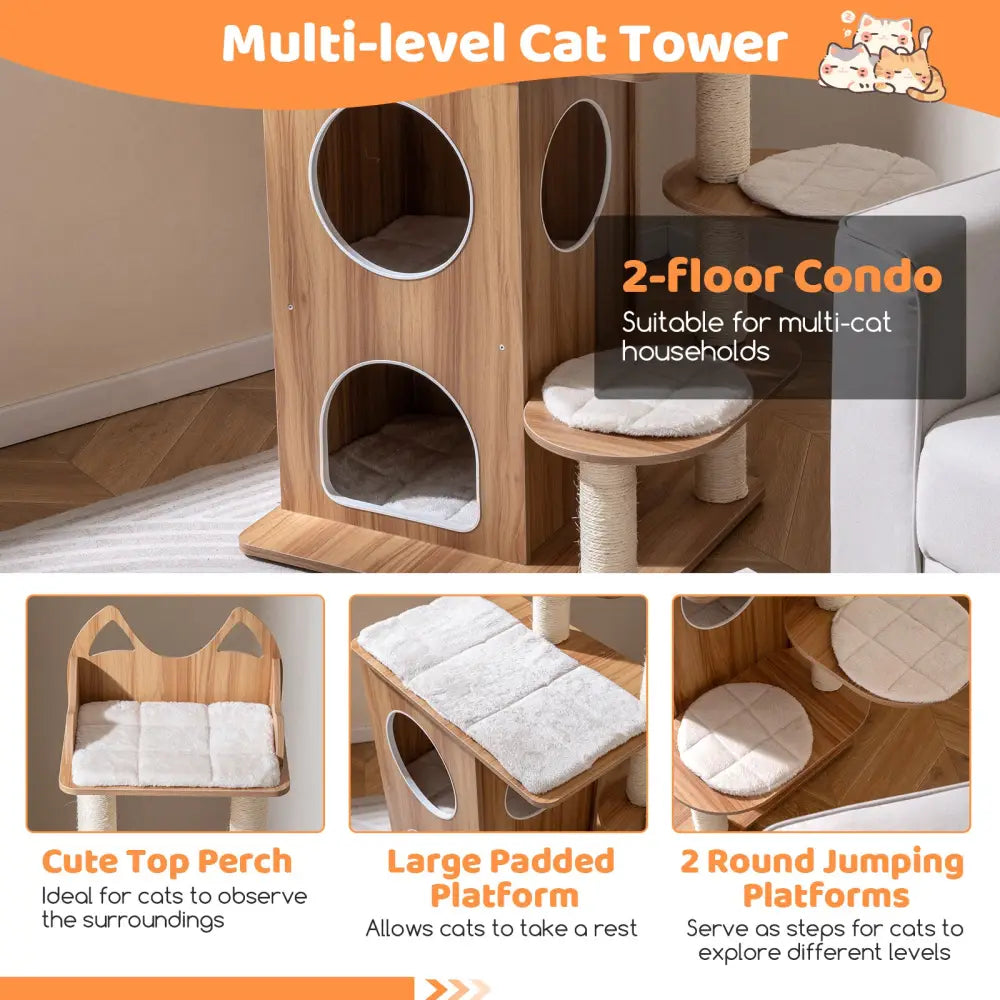 48 Inch Wooden Cat Tree with 2-Floor Condo and Washable Cushions-Natural - Natural - Cat Trees Condos & Scratchers
