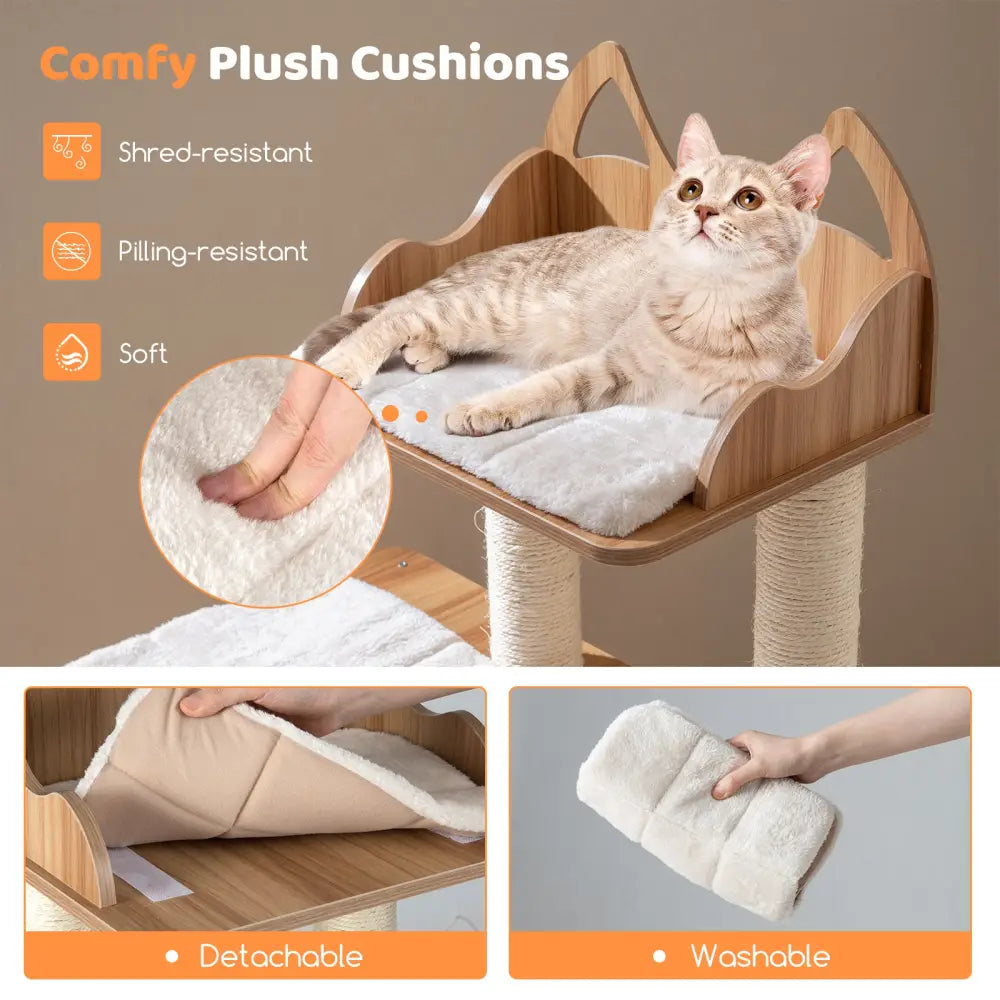 48 Inch Wooden Cat Tree with 2-Floor Condo and Washable Cushions-Natural - Natural - Cat Trees Condos & Scratchers