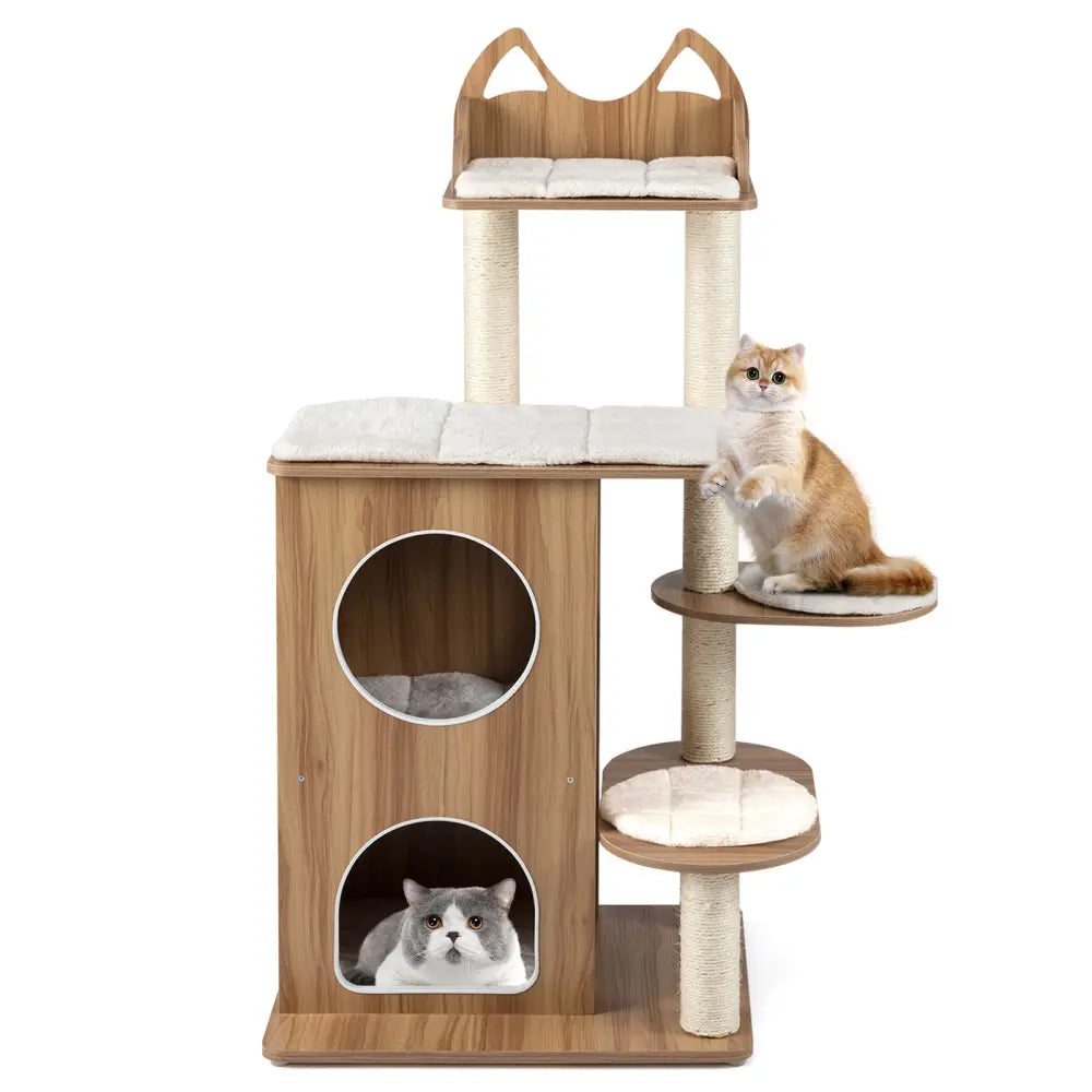 48 Inch Wooden Cat Tree with 2-Floor Condo and Washable Cushions-Natural - Natural - Cat Trees Condos & Scratchers