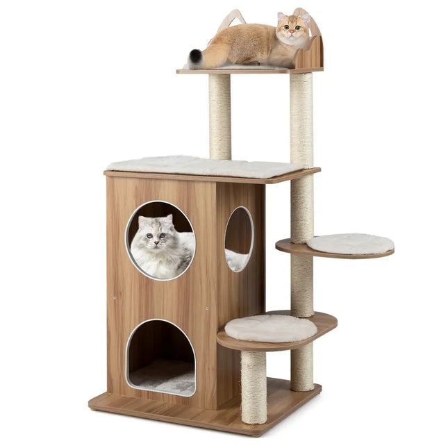48 Inch Wooden Cat Tree with 2-Floor Condo and Washable Cushions-Natural - Natural - Cat Trees Condos & Scratchers