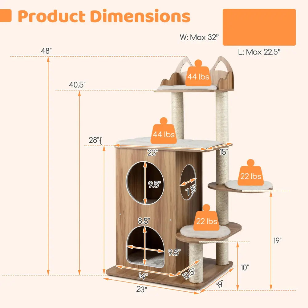48 Inch Wooden Cat Tree with 2-Floor Condo and Washable Cushions-Natural - Natural - Cat Trees Condos & Scratchers