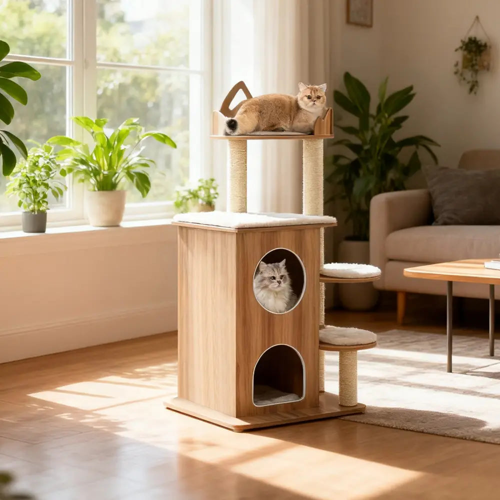 48 Inch Wooden Cat Tree with 2-Floor Condo and Washable Cushions-Natural - Natural - Cat Trees Condos & Scratchers