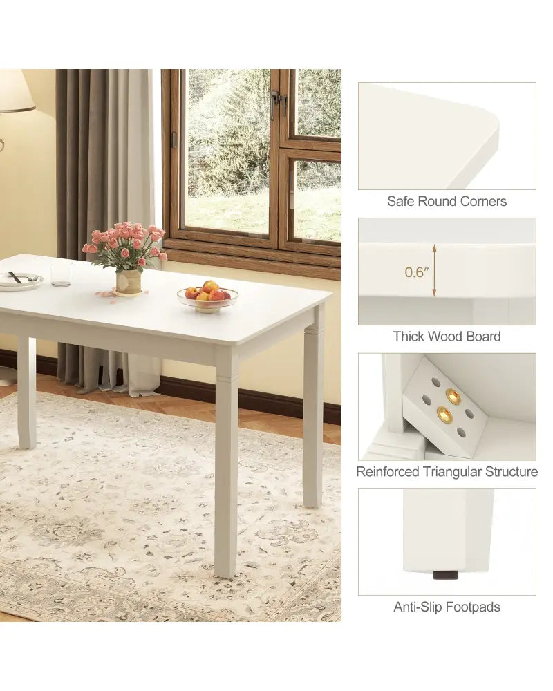 48-Inch Wooden Dining Table for 4 People Rectangular Kitchen Table with Rubber Wood Legs-Cream White - Cream White