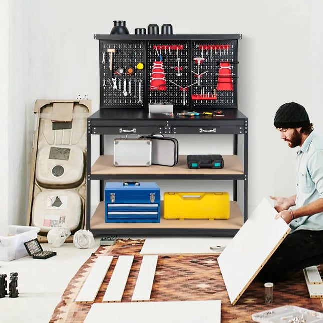 48 Inch Workbench with Pegboard and Drawers-Black - Black - Garages