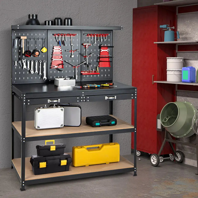 48 Inch Workbench with Pegboard and Drawers-Black - Black - Garages