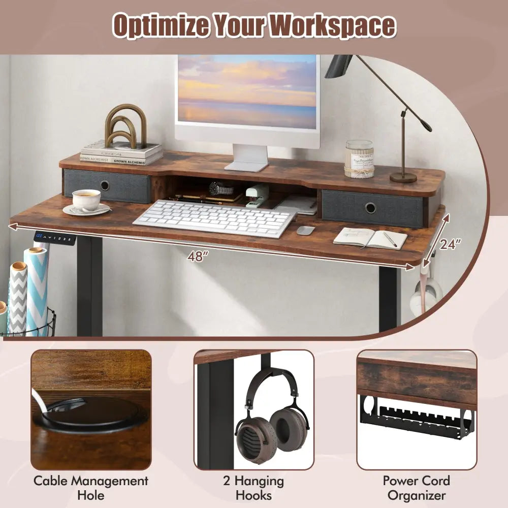 48 Inch x 24 Inch Height Adjustable Electric Standing Desk with 2 Drawers-Rustic Brown - Rustic Brown - Standing Desks