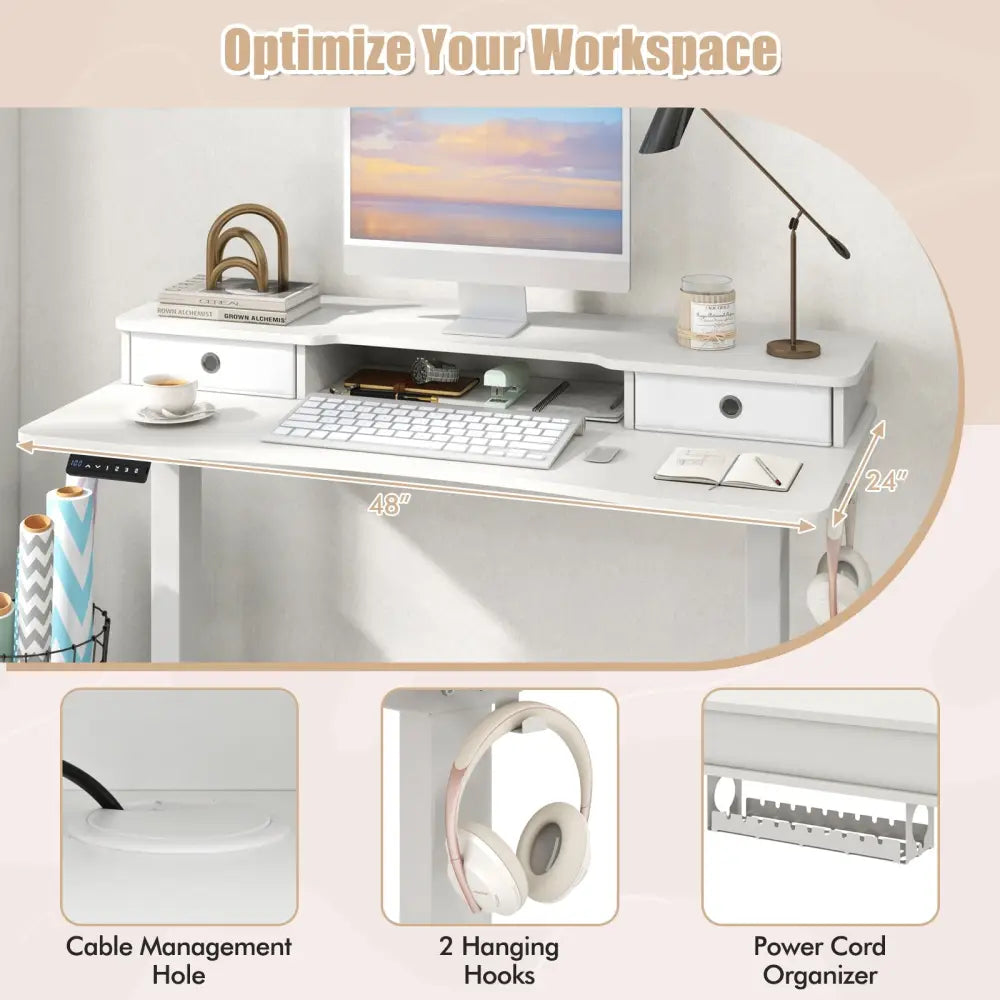 48 Inch x 24 Inch Height Adjustable Electric Standing Desk with 2 Drawers-White - White - Standing Desks