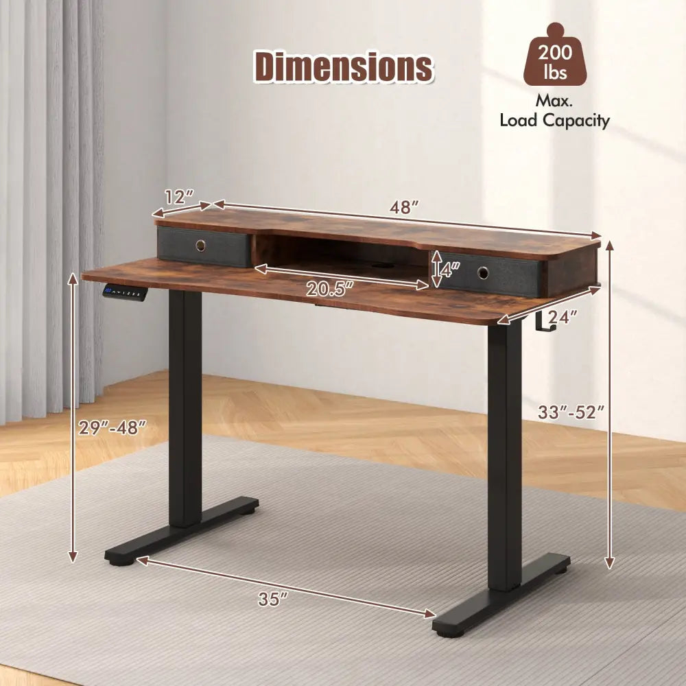 48 Inch x 24 Inch Height Adjustable Electric Standing Desk with 2 Drawers-Rustic Brown - Rustic Brown - Standing Desks