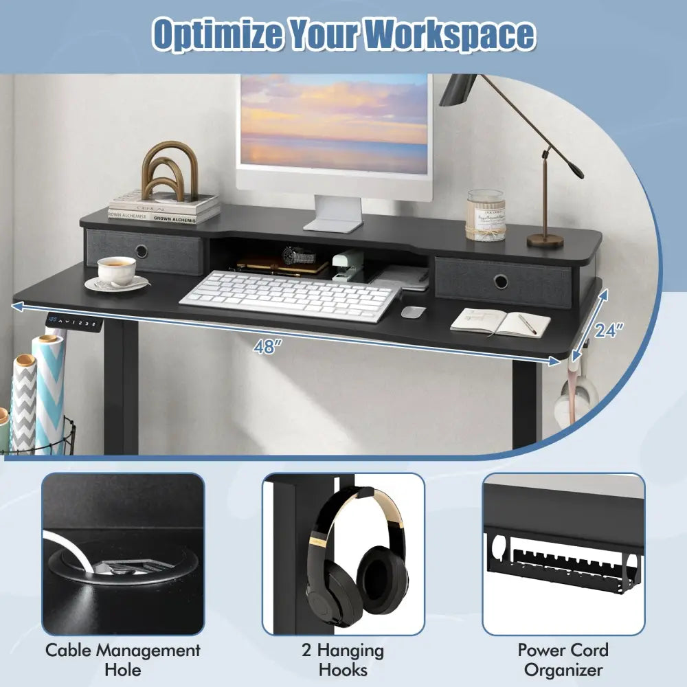 48 Inch x 24 Inch Height Adjustable Electric Standing Desk with 2 Drawers-Black - Black - Standing Desks