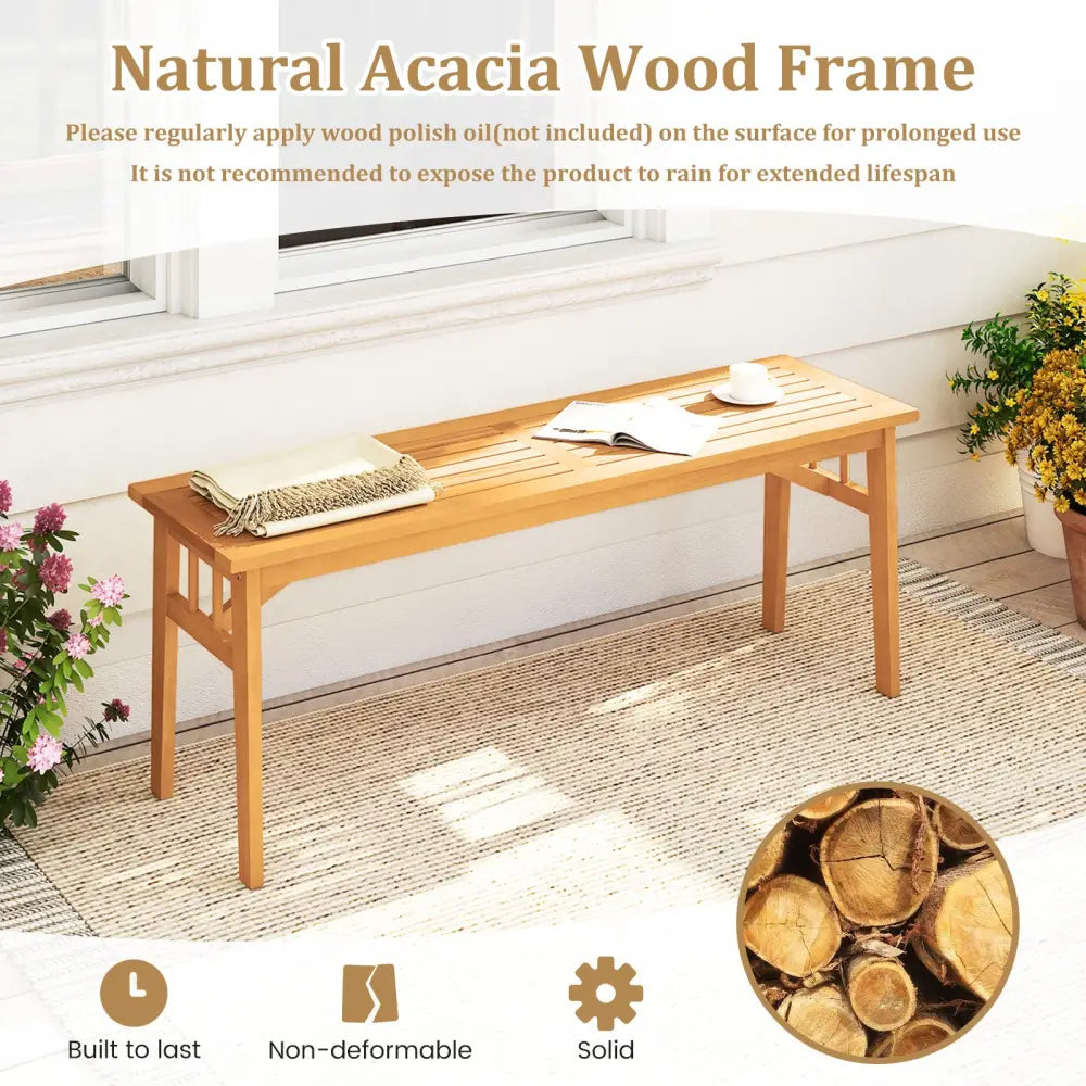 48 Inches Acacia Wood Bench with Breathable Slat Seat and Stable Triangular Structure-2 - Outdoor Benches