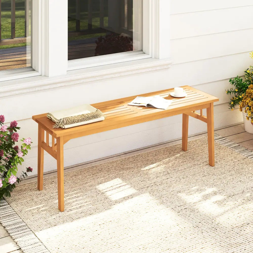 48 Inches Acacia Wood Bench with Breathable Slat Seat and Stable Triangular Structure-2 - Outdoor Benches