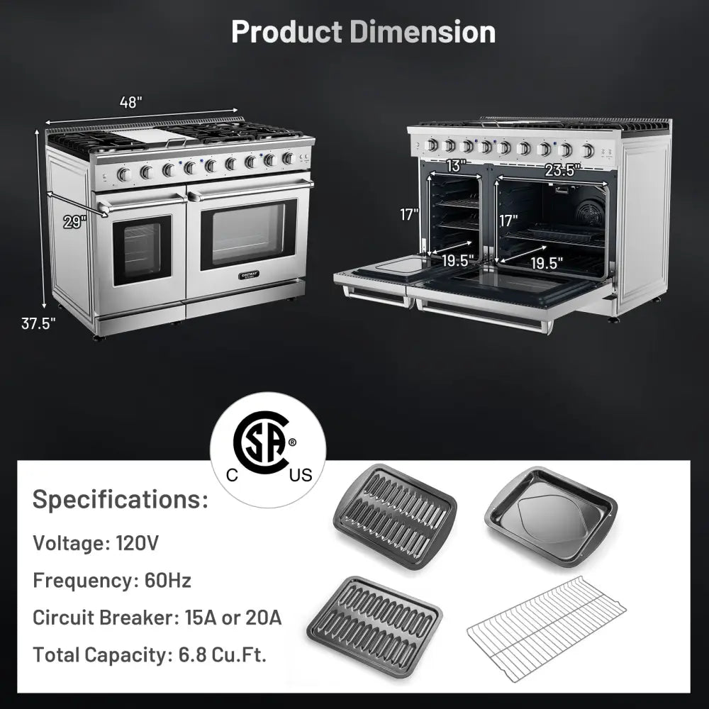 48 Inches Freestanding Natural Gas Range with 7 Burners Cooktop - Food Warmers & Burners