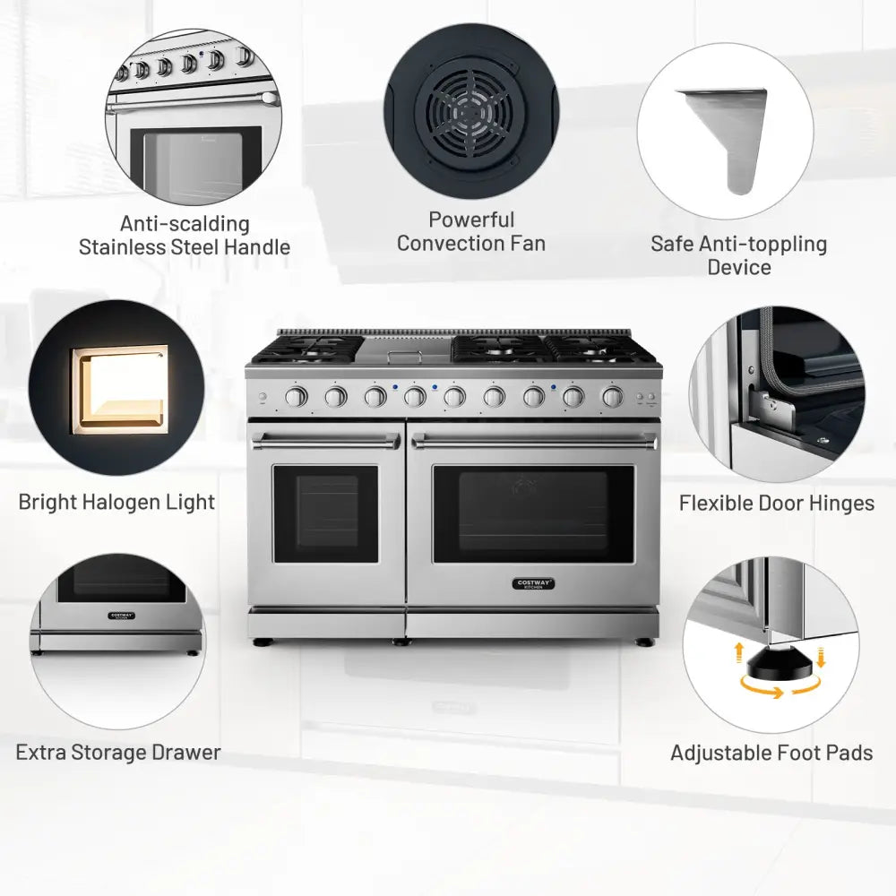 48 Inches Freestanding Natural Gas Range with 7 Burners Cooktop - Food Warmers & Burners