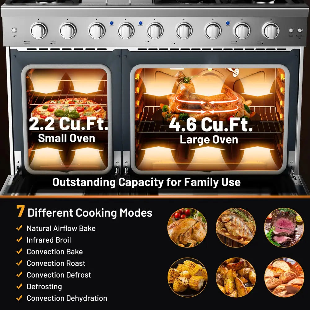 48 Inches Freestanding Natural Gas Range with 7 Burners Cooktop - Food Warmers & Burners