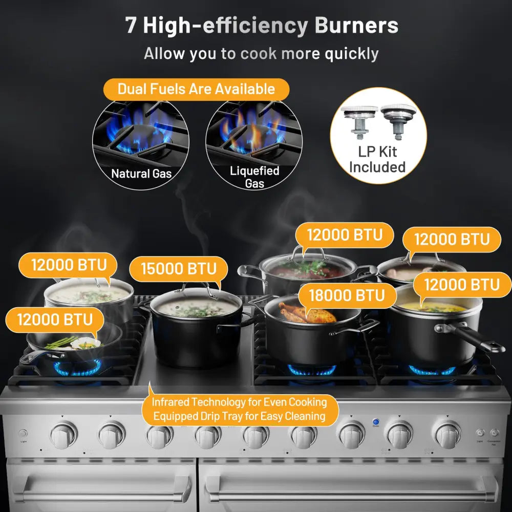 48 Inches Freestanding Natural Gas Range with 7 Burners Cooktop - Food Warmers & Burners