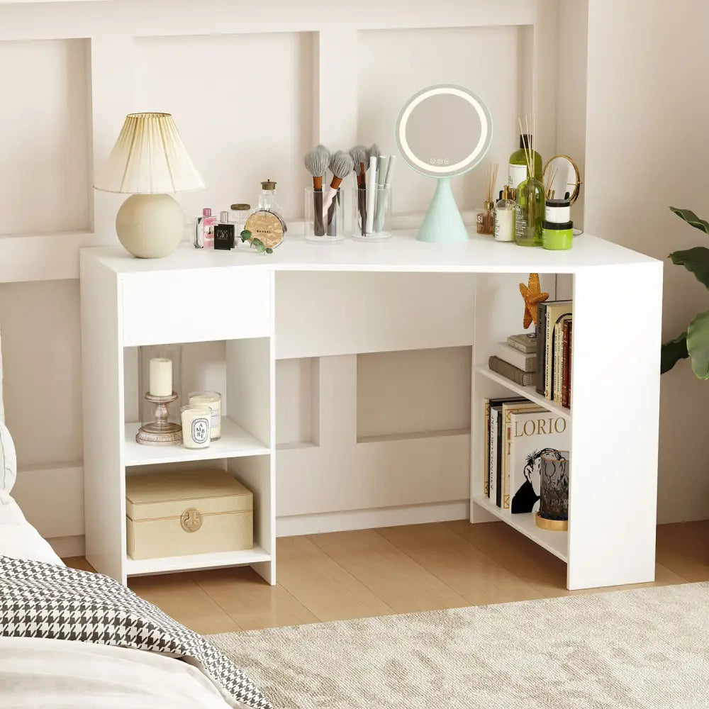 48 Inches L Shaped Corner Executive Computer Desk with Drawer-White - White - Computer Desks
