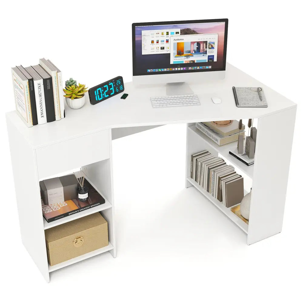 48 Inches L Shaped Corner Executive Computer Desk with Drawer-White - White - Computer Desks