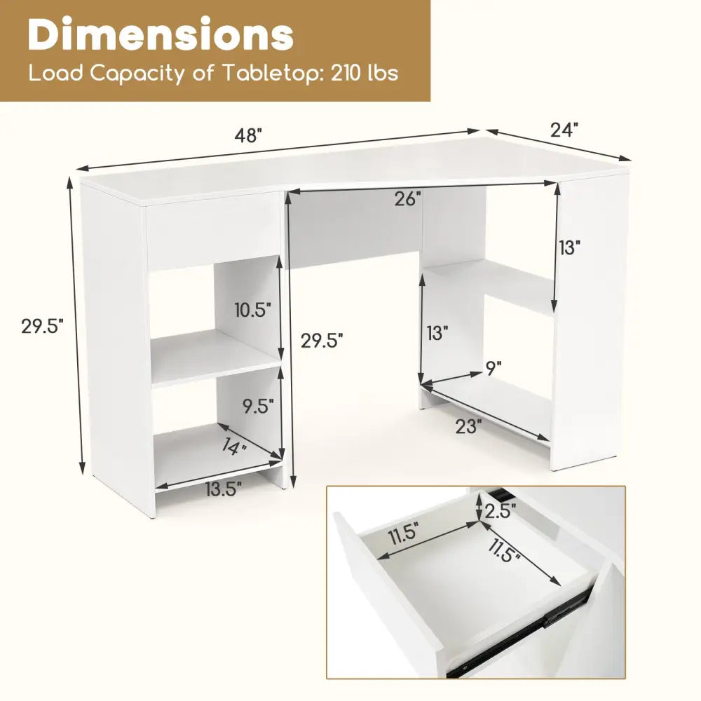 48 Inches L Shaped Corner Executive Computer Desk with Drawer-White - White - Computer Desks