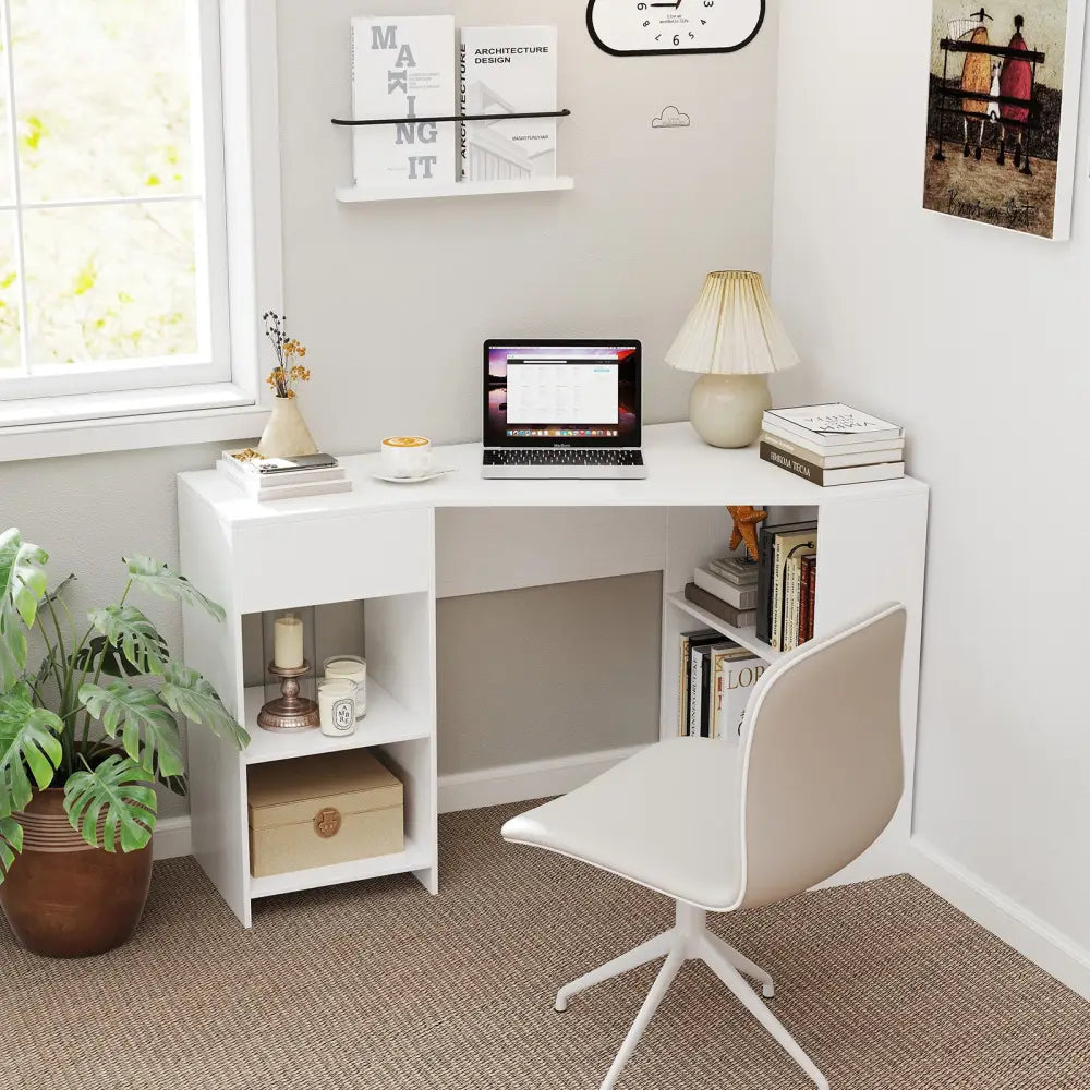 48 Inches L Shaped Corner Executive Computer Desk with Drawer-White - White - Computer Desks