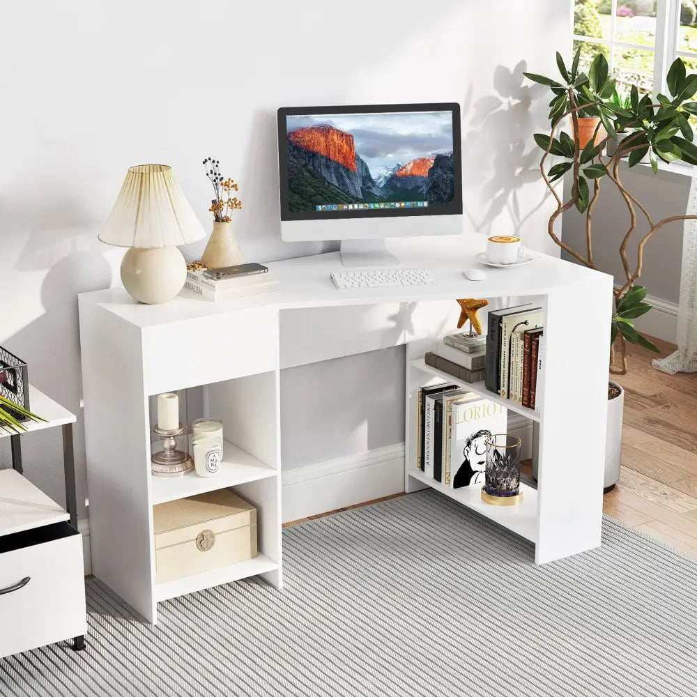 48 Inches L Shaped Corner Executive Computer Desk with Drawer-White - White - Computer Desks