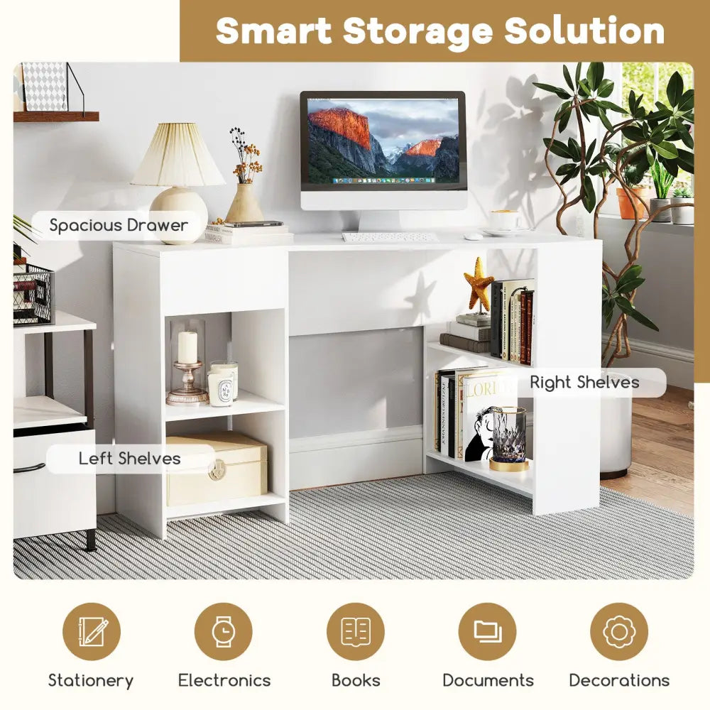 48 Inches L Shaped Corner Executive Computer Desk with Drawer-White - White - Computer Desks