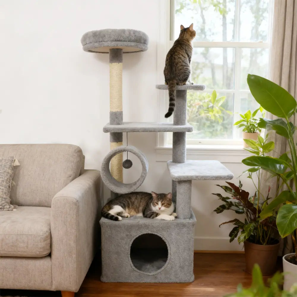 48 Inches Tall Cat Tree Multi-Level Kitten Tower with Large Condo Padded Top Perch-Light Gray - Light Gray - Cat Trees
